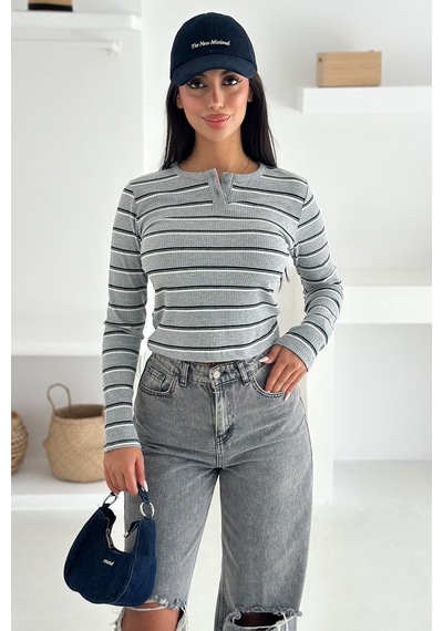 Noa & Noa Kadın Çizgili Düğme Detaylı Bluz Retro Stripe Gri