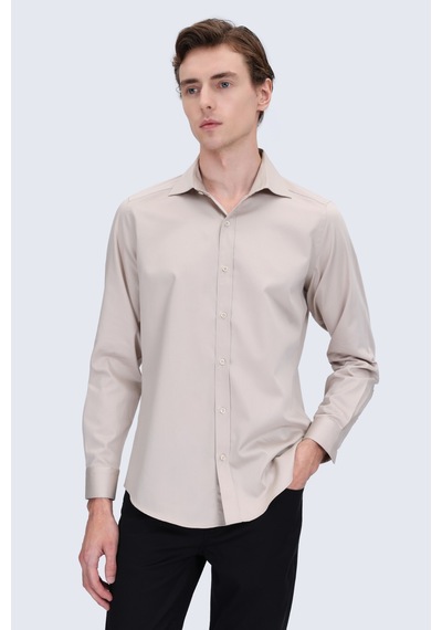 Hatemoğlu Bej Slim Fit Açık İtalyan Yaka 100% Pamuk Uzun Kollu Spor Gömlek