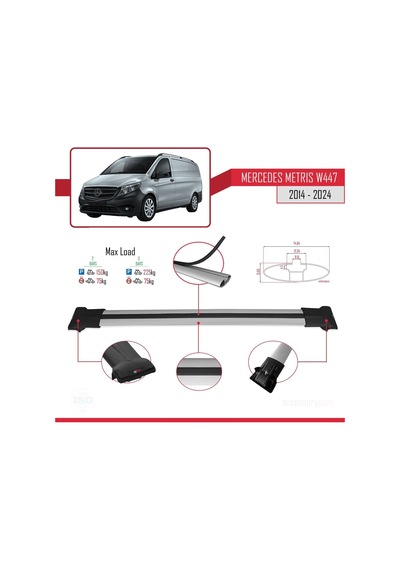 Mercedes Metris W447 2014 Ve Sonrası İle Uyumlu Fly Model Ara Atkı Tavan Barı Gri