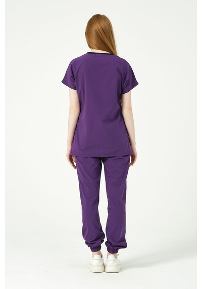 Mor Likralı Scrubs Jogger Paça Doktor Hemşire Forması Yarasa Kol Takım Unisex