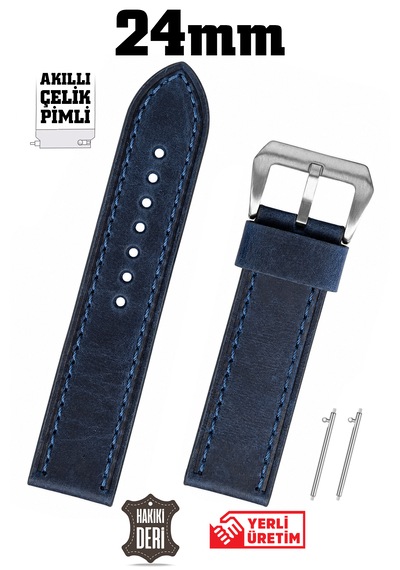 24mm Lacivert Spor Crazy Nubuk Hakiki Deri Saat Kordonu Kayış Akıllı Pimli Gümüş