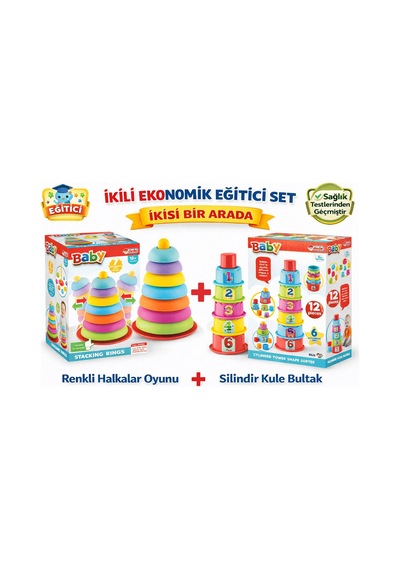 2'li Bebek Gelişim Seti Silindir Kule Bultak + Sallanan Halkalar Eğitici Oyuncak