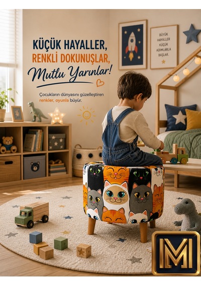 Diday Kedi Puf Trend Puf F Koltuk Puff Bench Dekoratif Bohem Doğal Gürgen Ayak Çocuk Odası Tabure Çok Renkli