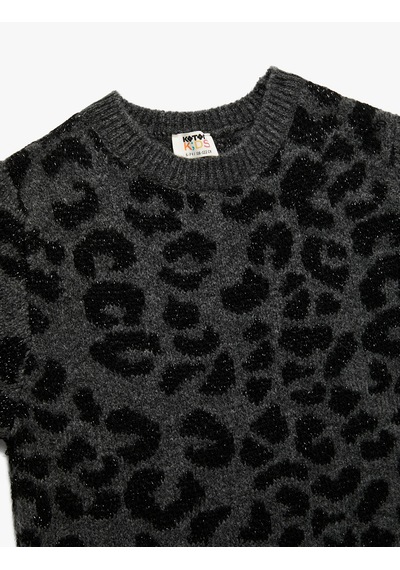 Koton Leopar Desenli Bisiklet Yaka Kısa Kollu Triko Elbise Gri Desenli 6wkg90054ht Gri Desenli