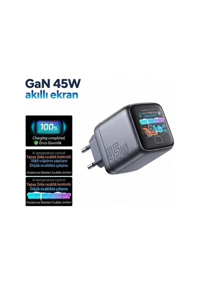 Gan Power Gn-01 45w Gan Hızlı Şarj Cihazı + 60w Hızlı Şarj Kablosu Hediyeli - Tft Akıllı Renkli Ekran, Yapay Zeka Sıcaklık Kontrollü .