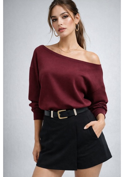 Wild Bee Kadın Bordo Düşük Omuz Modal Bluz