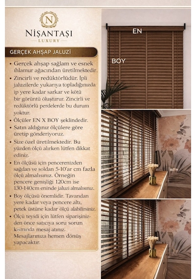 N.luxury Ceviz 50mm %100 Gerçek Ahşap Jaluzi Perde Redüktörlü Zincir Mekanizmalı Ofis/ev Tüm Mekanlar Ceviz
