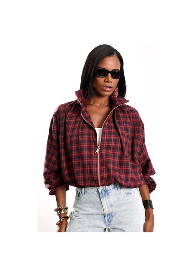 5in1Canpolat Bordo Dik Yaka Ekose Bomber Ceket 9784