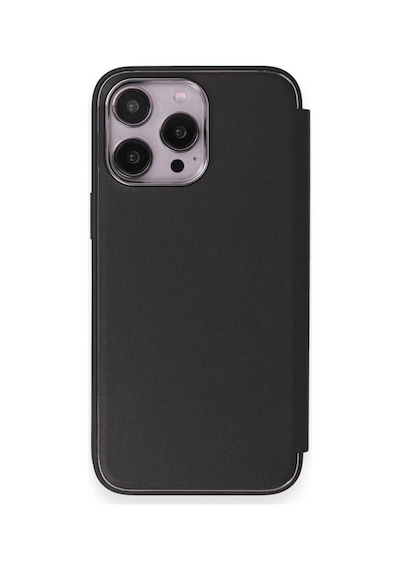 Apple Uyumlu iPhone 14 Pro Max Kapaklı Kılıf Parmak Izi Bırakmaz Dışı Deri Içi Süet Tasarım Siyah