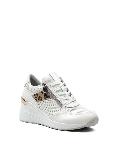 Kadın Beyaz Bağcıklı Dolgu Topuklu Deri Sneaker