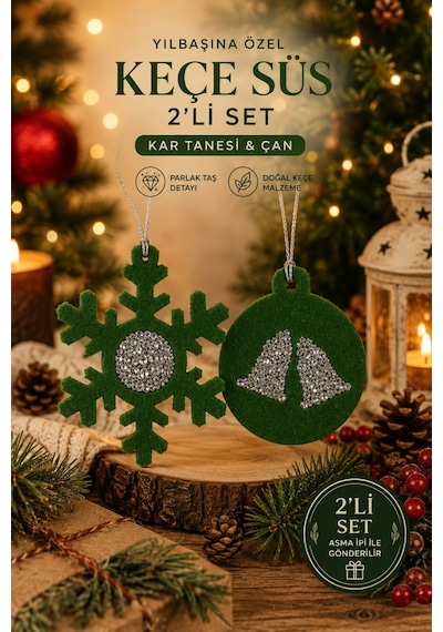 Taşlı Keçe Yılbaşı Süsü 2 Li Set Kar Tanesi & Çanlı Top Çift Taraflı 4 Renk Seçenekli Yeşil