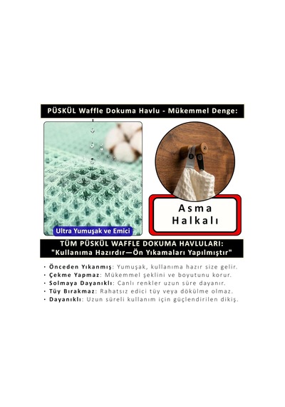 Püskül Lüks 3-adet Waffle El Havlusu Seti, Büyük 40x80 CM
