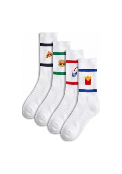 Lykos Erkek Beyaz Pamuklu Fast Food Desenli Tenis Çorap 4'lü Paket Havlu Taban
