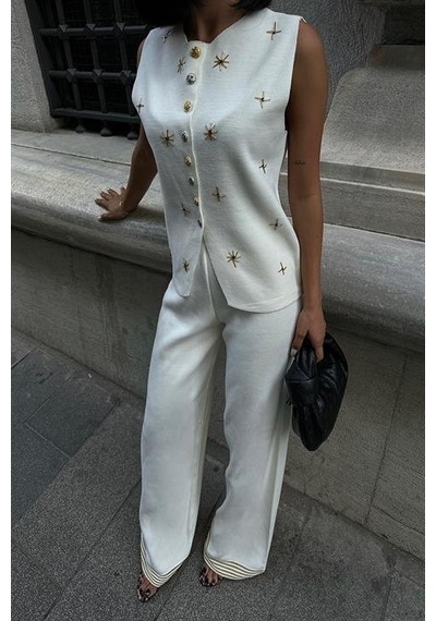 Moderie Butik Paulo Gold Düğmeli Yelek Pantolon Takım 9976 Ekru