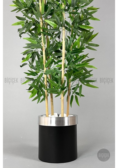 Yapay Bambu Ağacı 140cm Siyah Gümüş Metal Saksıda Siyah-silver