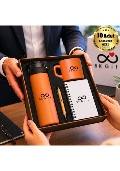 Logonuza Özel 10 Adet Ahşap Kutulu Turuncu Kurumsal Hediye Seti Cam Suluk, Seramik Fincan, Defter Ve Kalemli Promosyon Seti Bitmeyencom37218 Bk Kurumsal