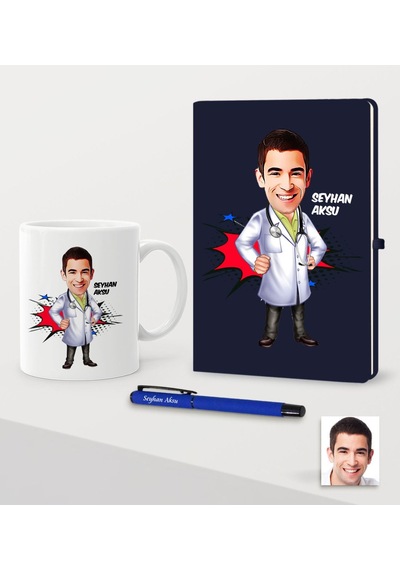 Kişiye Özel Bay Doktor Karikatürlü Lacivert Defter Kalem Kupa Set N11.15409