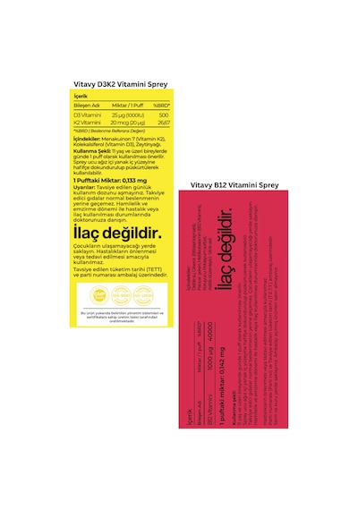 Vitavy D3k2 Vitamini Sprey 20 ML140 Puff + B12 Vitamini Sprey 10 ML