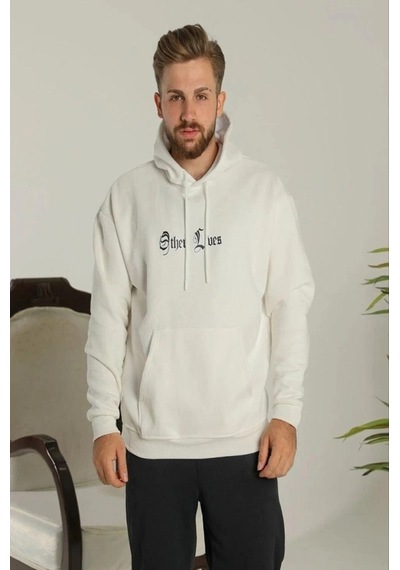 Valensdesign Oversize Üç İplik Şardonlu Kapüşonlu Sweatshirt Beyaz Other Lives Ön Ve Arka Baskılı, Kanguru Ce