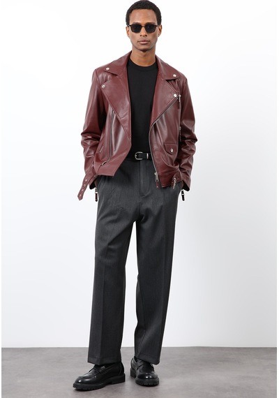 Antioch 100% Deri Biker Ceket Bordo