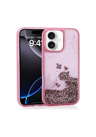 Zore İphone 16 Kılıf Sıvılı Simli Şeffaf Arka Yüzey Nvth Keto Silikon Kapak - Pembe