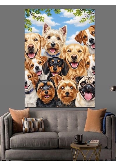 Ahşap Tablo Farklı Cins Köpeklerin Grup Portresi