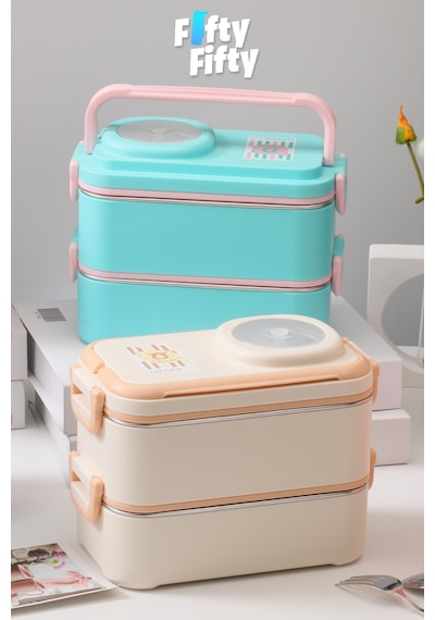 Uzspace 1200 Ml İki Kat Dört Bölme Paslanmaz Çelik Lunch Box Yeni Nesil Sefer Tası-sos Kaseli Model-fflbox8023 Bej