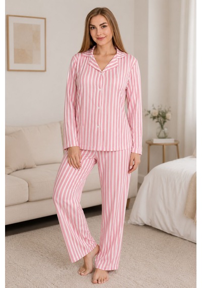 Süet Kadın Pembe Beyaz Çizgili Pijama Takımı Açık Pembe - Pudra