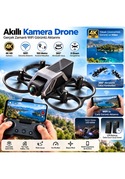 Kameralı Mini Drone Wifi Görüntü Aktarımlı 360 Derece Akrobatik Uçuş Çift Bataryalı Kumandalı Drone