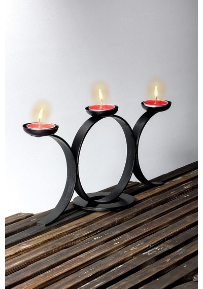 Bundera Siyah Çember Model Dekoratif Metal Ferforje Tealight Mum Dahil Şamdan Mumluk Çok Renkli
