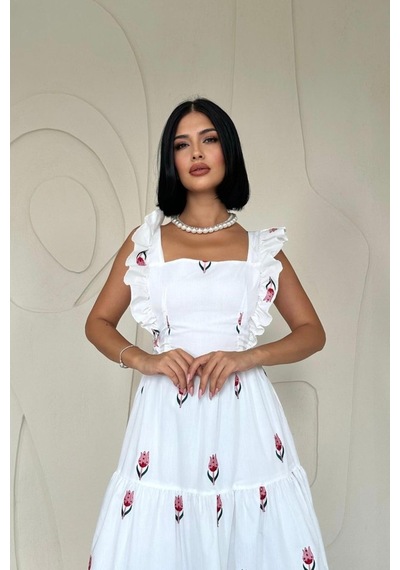 Kırmızı Sıfır Kol Fırfırlı Elbise Kırmızı