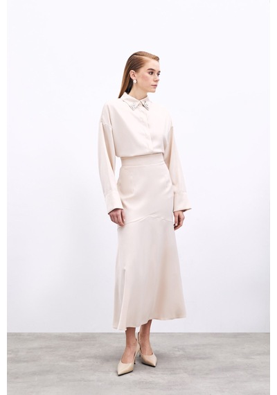 Sateen Kesik Detaylı Saten Etek - Bej-135907 Bej