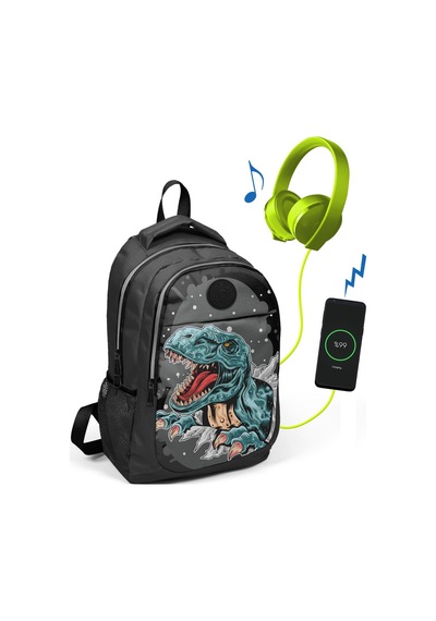 Coral High Kids Gri Dinazorlu Üç Bölmeli Usb Şarjlı Kulaklık Çıkışlı Okul Çantası