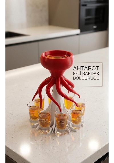Taraftar Renkli Ahtapot Tasarımlı 8'li Pratik Bardak Ve Shot Dağıtıcı Kırmızı-beyaz