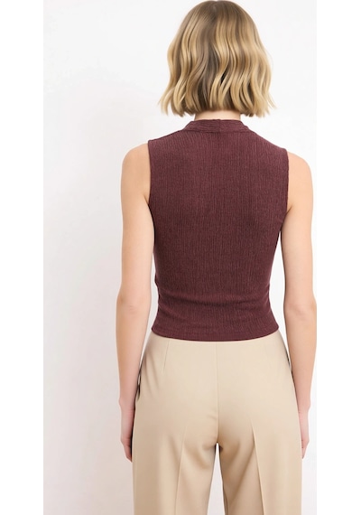 Benerly Kadın Bluz Üst Giyim Crop Fitted Vücuda Oturan Kesim V Yaka Kolsu Mürdüm
