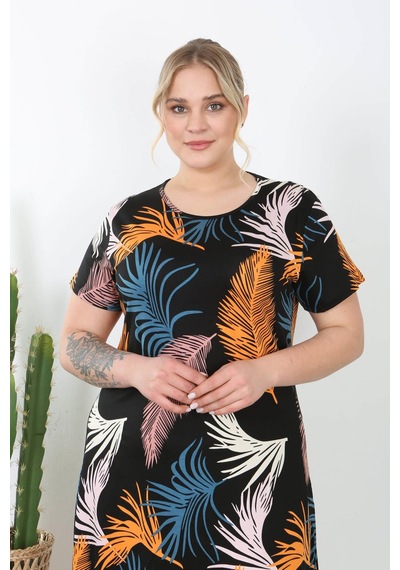 Mooi Xxl Kadın Turuncu Mavi Tüy Desen Midi Elbise Turuncu