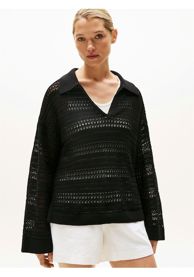 Tommy Hilfiger Crochet Rlx Ls Polo Swt Kadın Siyah Kazak - Ww0ww46524 Siyah
