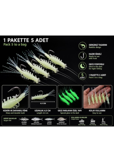 Valkyrie Fosforlu Silikon Karides Yem 5 Li İğne X 5 Paket Hazır İğneli Gece Parlayan Lrf Olta Yemi