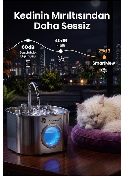 Smartmew S15-b 2.2l Paslanmaz Çelik Kedi Köpek Su Pınarı - Su Seviyesi Göstergeli Sessiz Otomatik Su Sebili