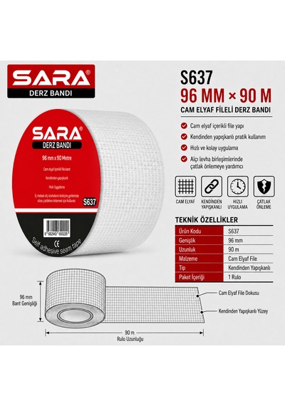 Sara S637 Derz Bandı 96 Mm X 90 M, Cam Elyaf Fileli, Kendinden Yapışkanlı