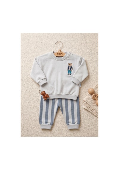 Çıtırkids Erkek Bebek Ayıcık Nakışlı Çizgili İki İplik Pamuklu Sweatshirt Alt Üst Takım Gri
