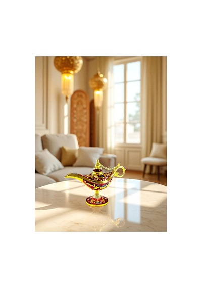 Aladdin Sihirli Lambası Renkli Işlemeli Dekoratif Biblo Alaattin Metal Çelik No:1 - 11x7 CM