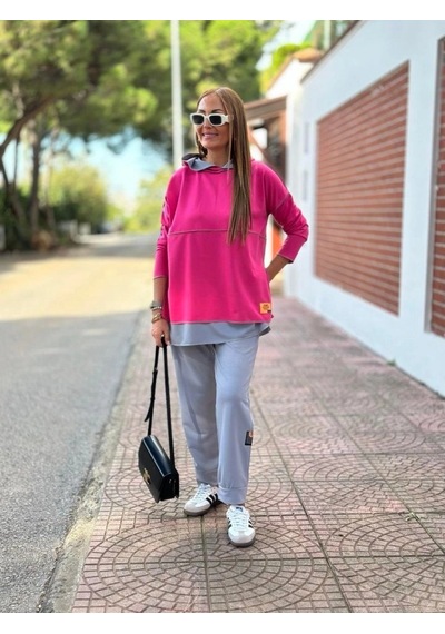 DefyModa Kadın Pembe Kapşonlu Etek Ucu Detay Arma Ters Dikiş Gorunumlu Ikili Takım