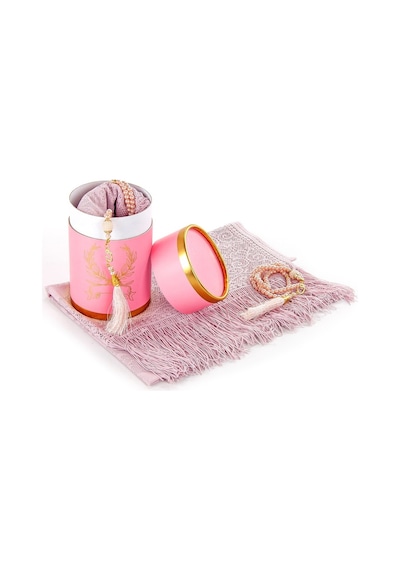 Özel Silindir Kutulu Set Inci Tesbihli Tül Şal Pembe Renk