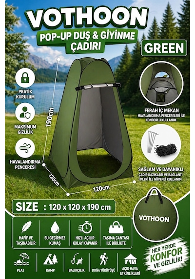 Otomatik Kabin Giyinme Çadırı 120x120x190 Cm Üst Havalandırma Yan Pencereli Duş & Wc Çadırı Yeşil
