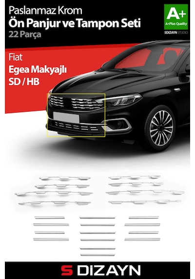 S-dizayn Fiat Egea Krom Ön Panjur Ve Tampon Çıta Seti Diamond Model 22 Prç. 2020 Üzeri Parlak Krom