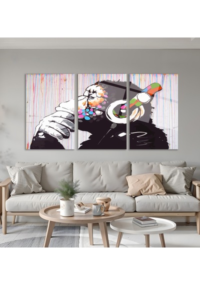 3'lü Set Cam Tablo Kulaklıklı Goril Banksy Pop Art Dekorasyon
