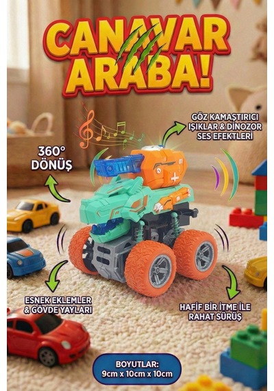 Işıklı Ve Sesli Dinozor Canavar Kamyon - 360 Dönen Sürtmeli Akrobasi Arabası - Oyuncak Araba Çok Renkli