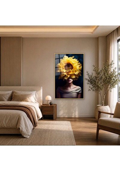 Ayçiçeği Başlıklı Kadın Gold Çerçeveli Cam Tablo