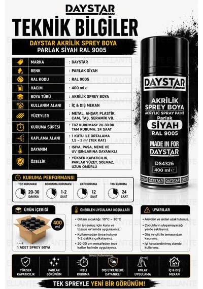 Parlak Siyah Akrilik Sprey Boya Ral 9005 400 Ml Hızlı Kuruyan Yüksek Kapatıcılı Metal Ahşap Plastik Çok Renkli Parlak Siyah Akrilik Sprey Boya Ral 9005 400 Ml Hızlı Kuruyan Yüksek Kapatıcılı Metal Ahşap Plastik Çok Renkli